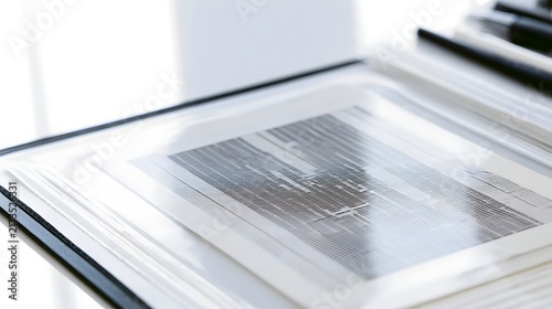Close up of a microfiche sheet encased in a transparent protective sleeve  with blurred office tools in the background