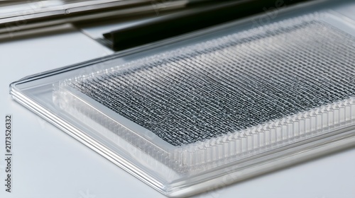 A close up view of a transparent plastic case holding a microfiche sheet with fine grid lines and organized slots