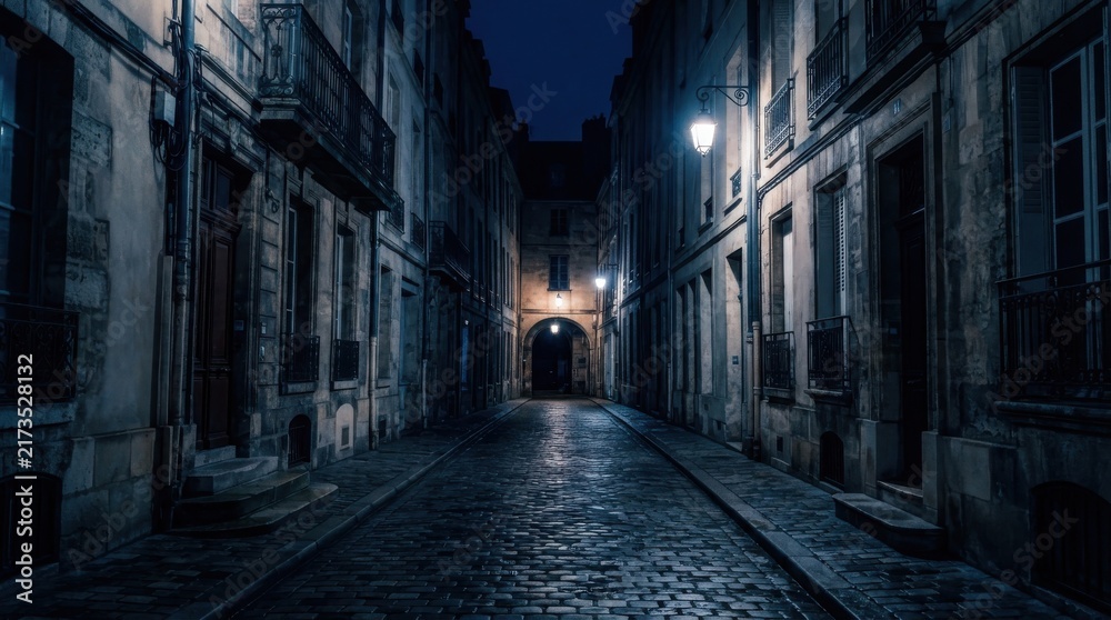 Fototapeta premium Narrow cobblestone street in old European city at night