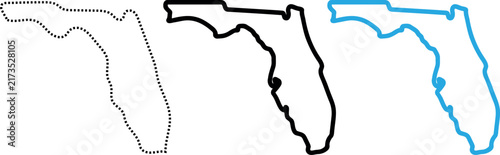 Florida state map outline vector illustration set in dotted solid black and blue designs.