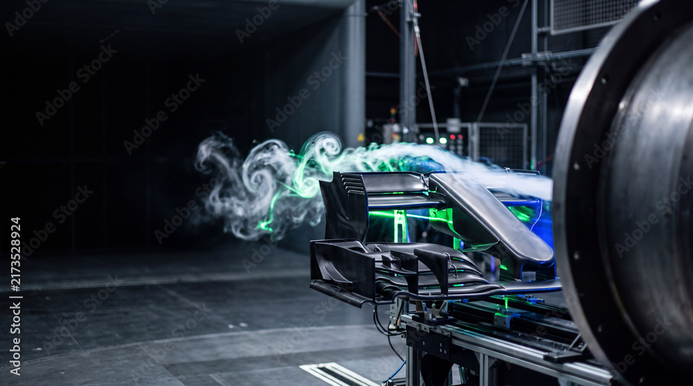 Naklejka premium Wind tunnel aerodynamic testing of formula race car front wing with smoke flow visualization in lab