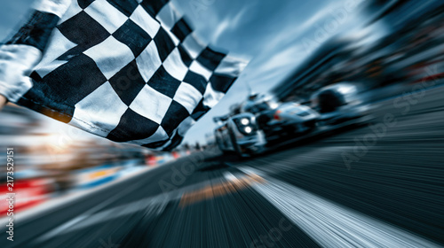 Chequered flag waving as race car crosses finish line motion