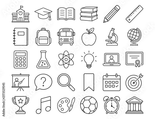 Photography Set of thin line education and learning icons including schoolbuilding graduatio