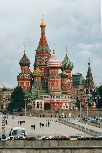 Photography Colorful Saint Basil Cathedral with onion domes beside Red Square promenade in M