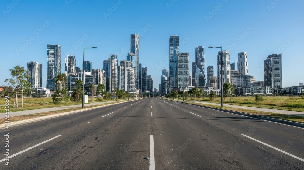 Naklejka premium Empty multi-lane road leading towards modern city skyline