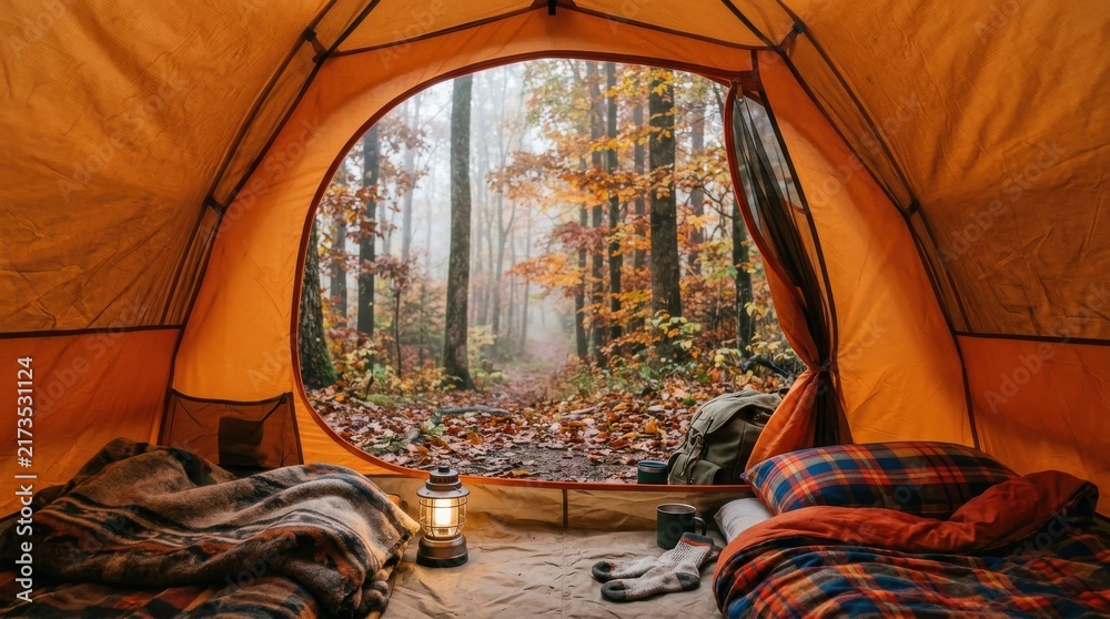 Obraz premium Camping tent interior view looking out into autumn forest