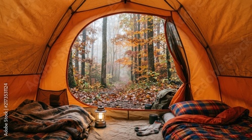 Camping tent interior view looking out into autumn forest