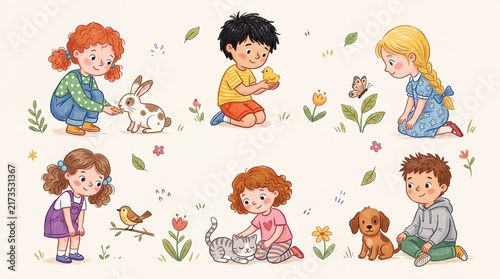 Children with Friendly Animals Crayon Illustration