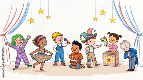 Children Performing on Stage Crayon Illustration