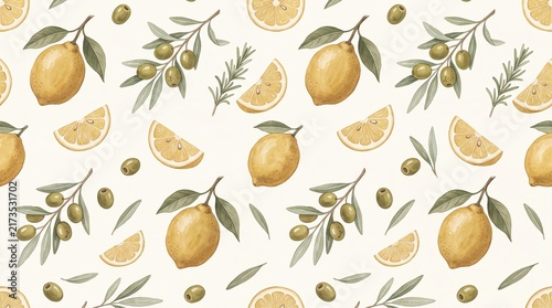 Lime and Green Olive Seamless Pattern with Fresh Citrus Illustration