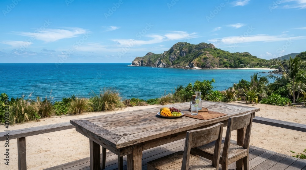 Naklejka premium Wooden dining table with tropical fruit overlooking the ocean and mountain