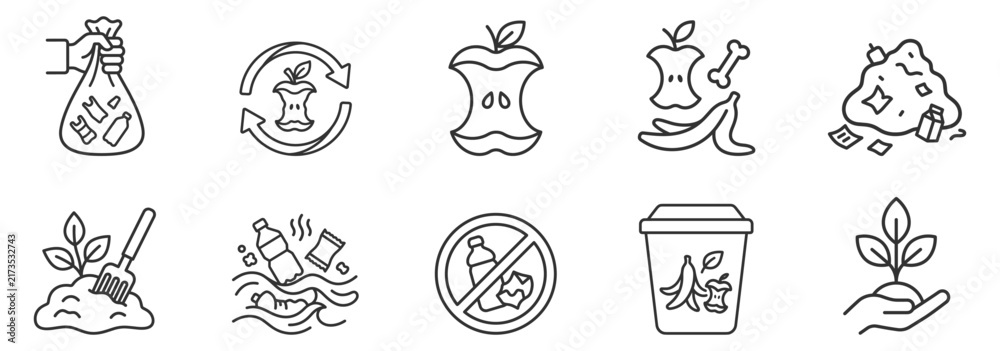 Fototapeta premium line icons of organic waste composting and recycling symbols on transparent background