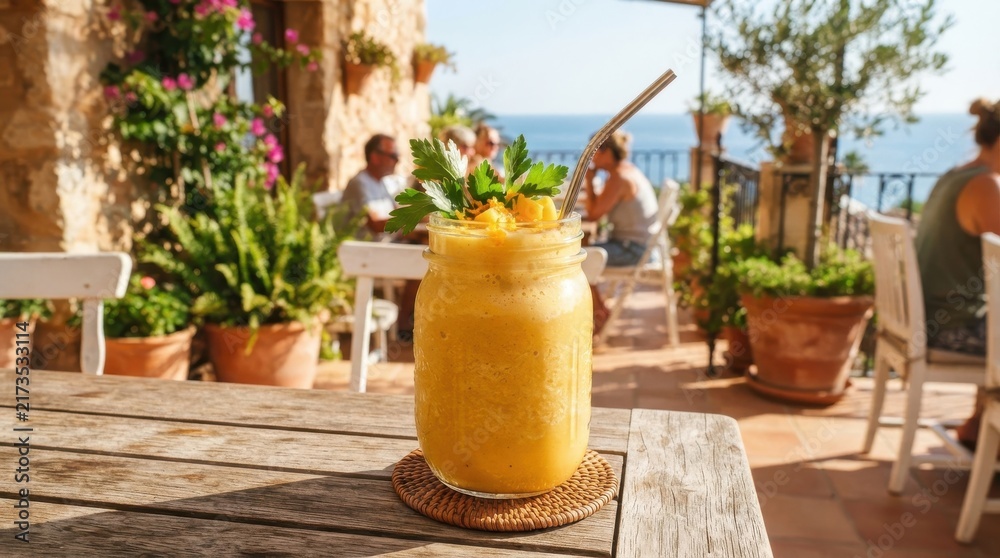 Naklejka premium Fresh mango smoothie in glass jar on wooden table at seaside terrace