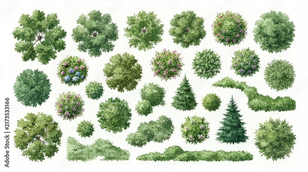 Naklejka premium Top view architectural tree and shrub symbols for landscaping plan