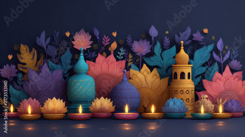 Colorful Moroccan lanterns, vases and flowers arranged on a decorative table, vibrant cultural decor, festive celebration, Ramadan inspiration.