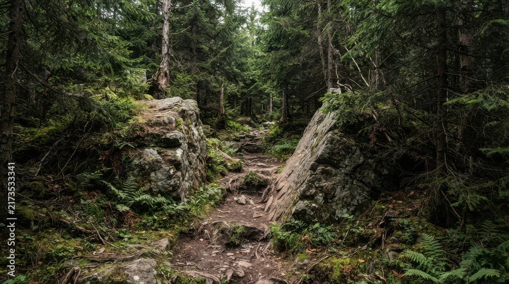 Obraz premium Narrow hiking trail through dense green forest with large rocks