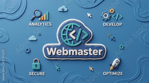 Webmaster Icons: A vibrant graphic illustration showcasing the core elements of webmastering: analytics, develop, secure, and optimize, centered around the 'Webmaster' logo with a global theme.