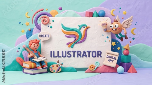 Claymation Wonder: A whimsical scene crafted from clay, featuring a friendly character, creative tools, and playful elements, all surrounding a sign that reads ILLUSTRATOR and CREATE.