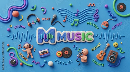Claymation Music Wonderland: A vibrant, whimsical scene crafted from clay, showcasing the joy of music with musical notes, headphones, a microphone, a cassette tape, a guitar, and playful figures.