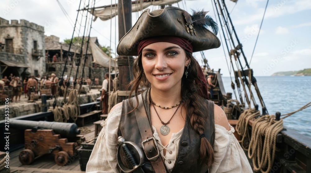 Fototapeta premium Female pirate standing on a ship deck with a harbor town in the background