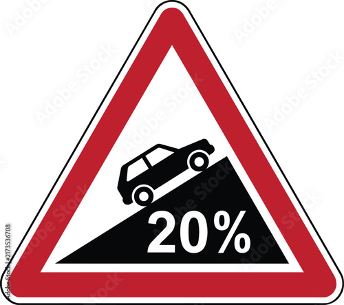 Foto A triangular warning sign showing a vehicle descending a steep slope marked with a 20% gradient
