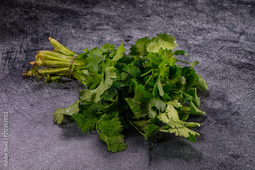 Foto Fresh cilantro bunch on dark textured surface