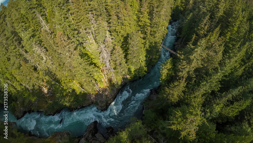 Fotografie A straight top down aerial wide shot overlooks a tiny wooden footbridge spanning across the roaring white water rapids of the turquoise Cheakamus River inside a dense pine forest
