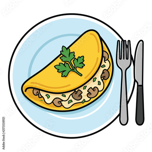 A delicious-looking mushroom and cheese omelet garnished with parsley, served on a light blue plate with a fork and knife.