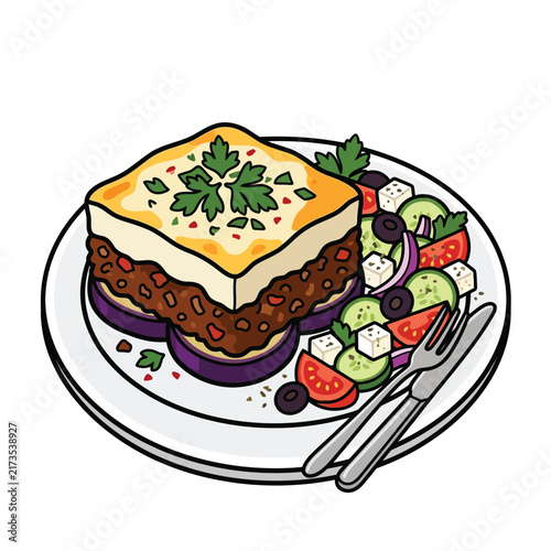 A delicious serving of Moussaka, a traditional Greek dish, accompanied by a fresh Greek salad on a white plate with cutlery.