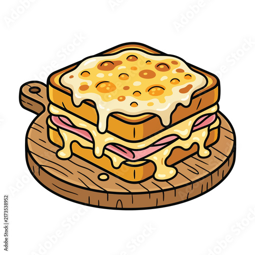 A delicious-looking Croque Monsieur sandwich with melted cheese and ham, served on a wooden cutting board.