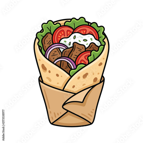 A delicious and colorful illustration of a gyro wrap filled with meat, vegetables, and sauce, presented in a paper wrapper.