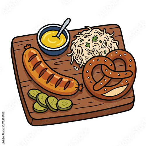 A delicious German-style meal featuring a grilled sausage, sauerkraut, pickles, mustard, and a pretzel on a wooden board.