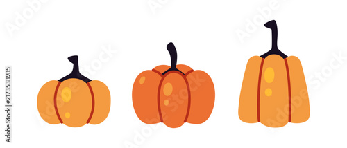 Set of orange pumpkins in different shapes and sizes. Simple autumn elements for Halloween, fall harvest, seasonal decorations, and festive designs. Flat vector illustrations isolated on white