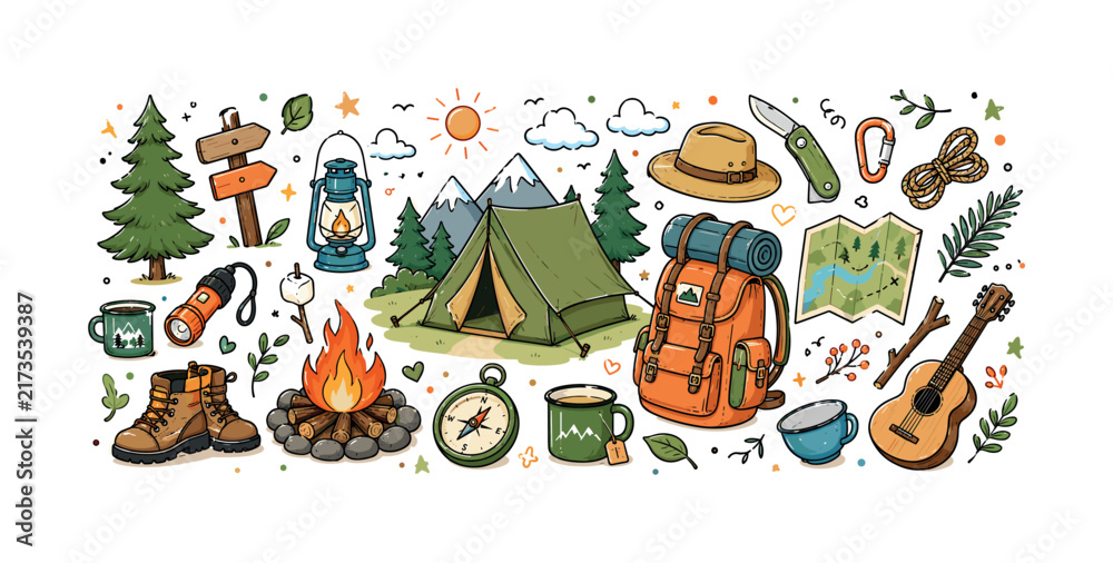 Naklejka premium Outdoor adventure gear collection with tent, backpack, and campfire