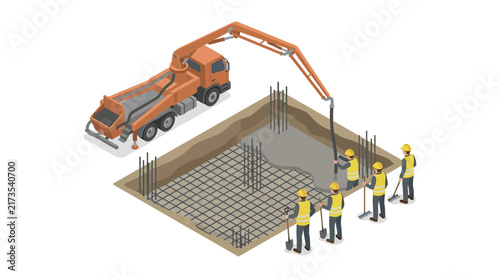 Isometric Illustration of Construction Workers Pouring Concrete Foundation Pit
