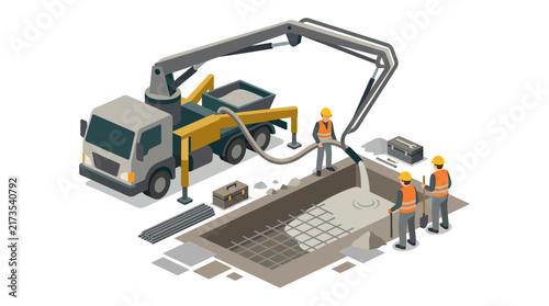Isometric construction site with workers pouring a concrete foundation