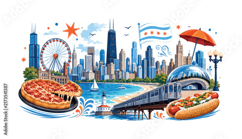 Vibrant Chicago skyline with iconic landmarks and classic American street food