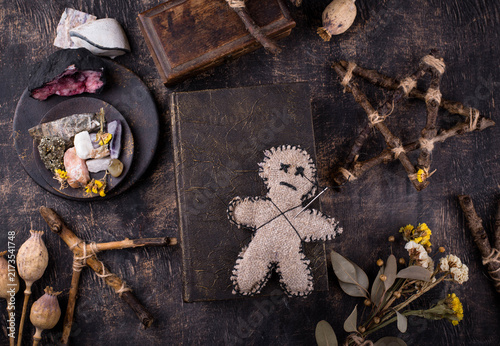 Fotografie Voodoo doll. Black magic witch esoteric ritual. Halloween concept
