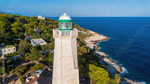Obraz na plátně Aerial drone view of the historic Phare du Cap Ferrat lighthouse, rocky coastlin