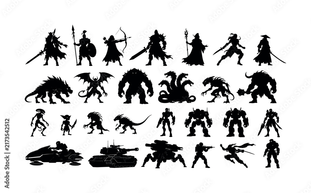 Obraz premium Collection of fantasy and sci-fi character silhouettes for game design