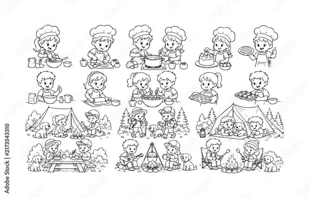Fototapeta premium Children enjoy various cooking and camping activities with dogs