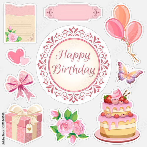 Happy Birthday stickers for sticker book.Vector illustration of original stylish stickers featuring birthday items and elements.