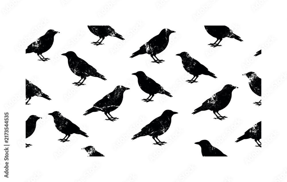 Naklejka premium Seamless pattern of distressed black bird silhouettes on a white background