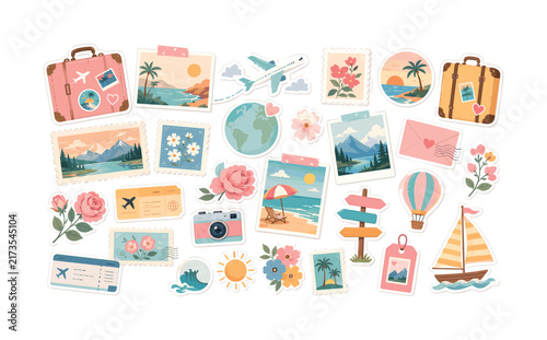 Whimsical travel stickers featuring destinations, transportation, and vacation elements