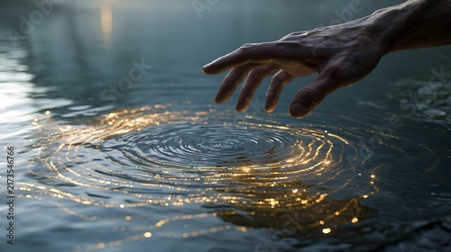 845. A tech illustration of 'The Code of Life'. A human hand touching a calm body of water, creating ripples that reveal lines of glowing golden programming code beneath the surface of the pond. 
