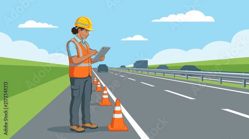 Road worker in safety vest and hard hat inspects highway with tablet