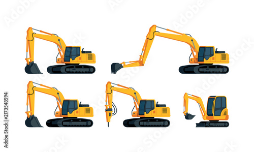Set of yellow excavators and construction equipment in various poses