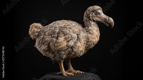 A full body view of a dodo bird standing in profile against a black background with brown feathers hooked beak stands profile paleontology flightless scientific