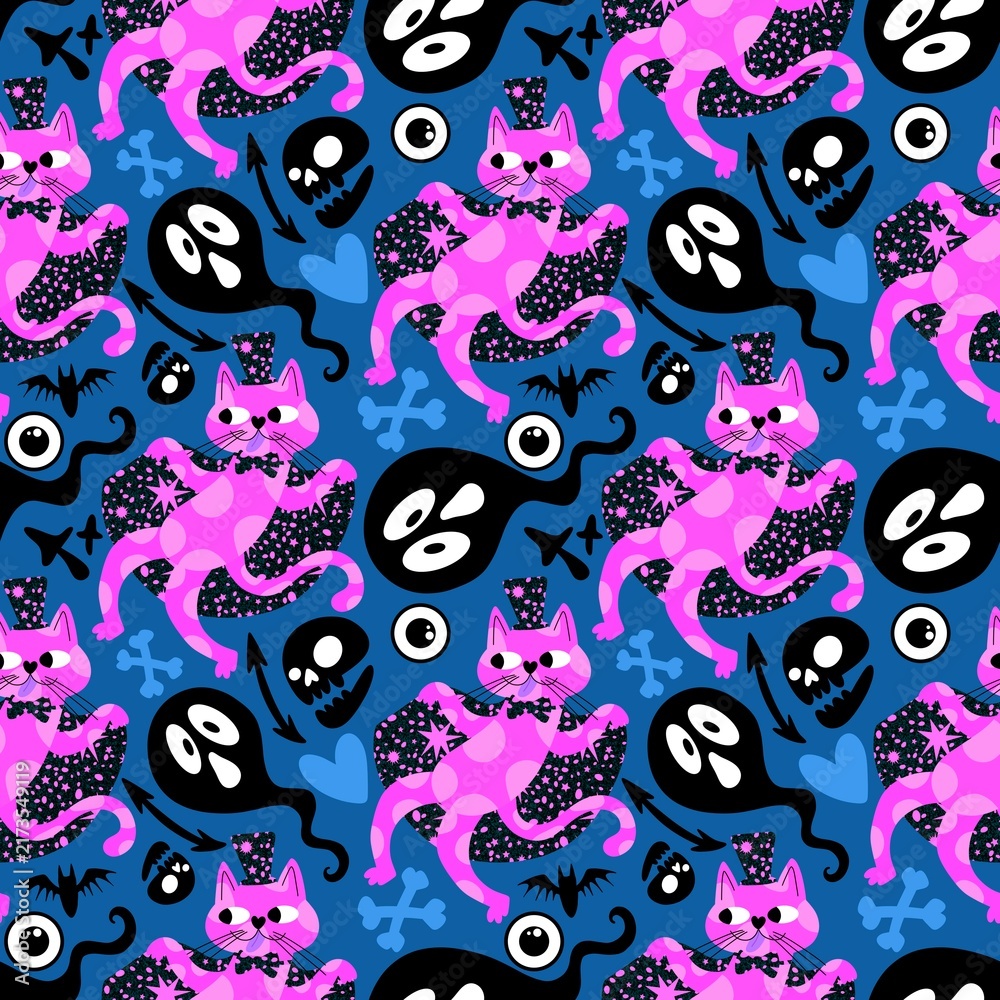 Fototapeta premium Halloween animals seamless cats pattern for wrapping paper and fabrics and linens and kids clothes print