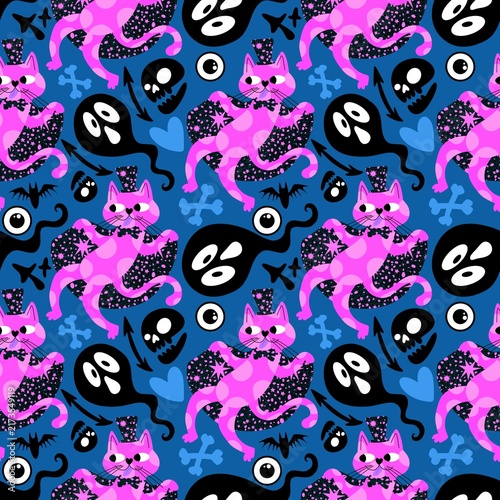 Halloween animals seamless cats pattern for wrapping paper and fabrics and linens and kids clothes print